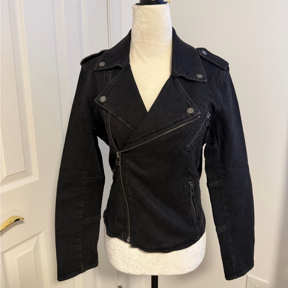 American Eagle Outfitters Women Black Asymmetrical Denim Moto Jacket
